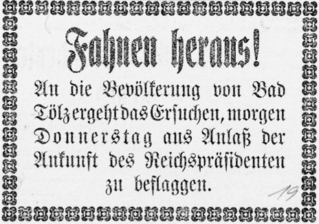 Zeitungsausschnitt Tölzer Kurier, August 1925: „Fahnen heraus!”