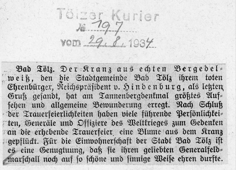 Abschied vom „Ehrenbürger”, Tölzer Kurier 29.8.1934